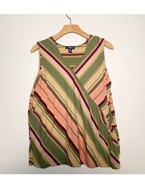 Chaps Sleeveless Striped Tank Top Womens Size 2X Olive Peach Burgundy Faux-wrap